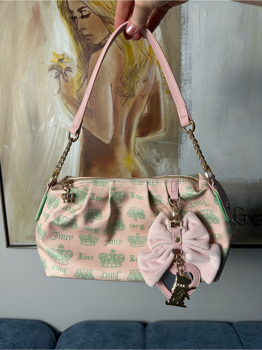 Juicy Couture Pink Crown Print Shoulder Bag Bow Charm Heart Mirror Y2K